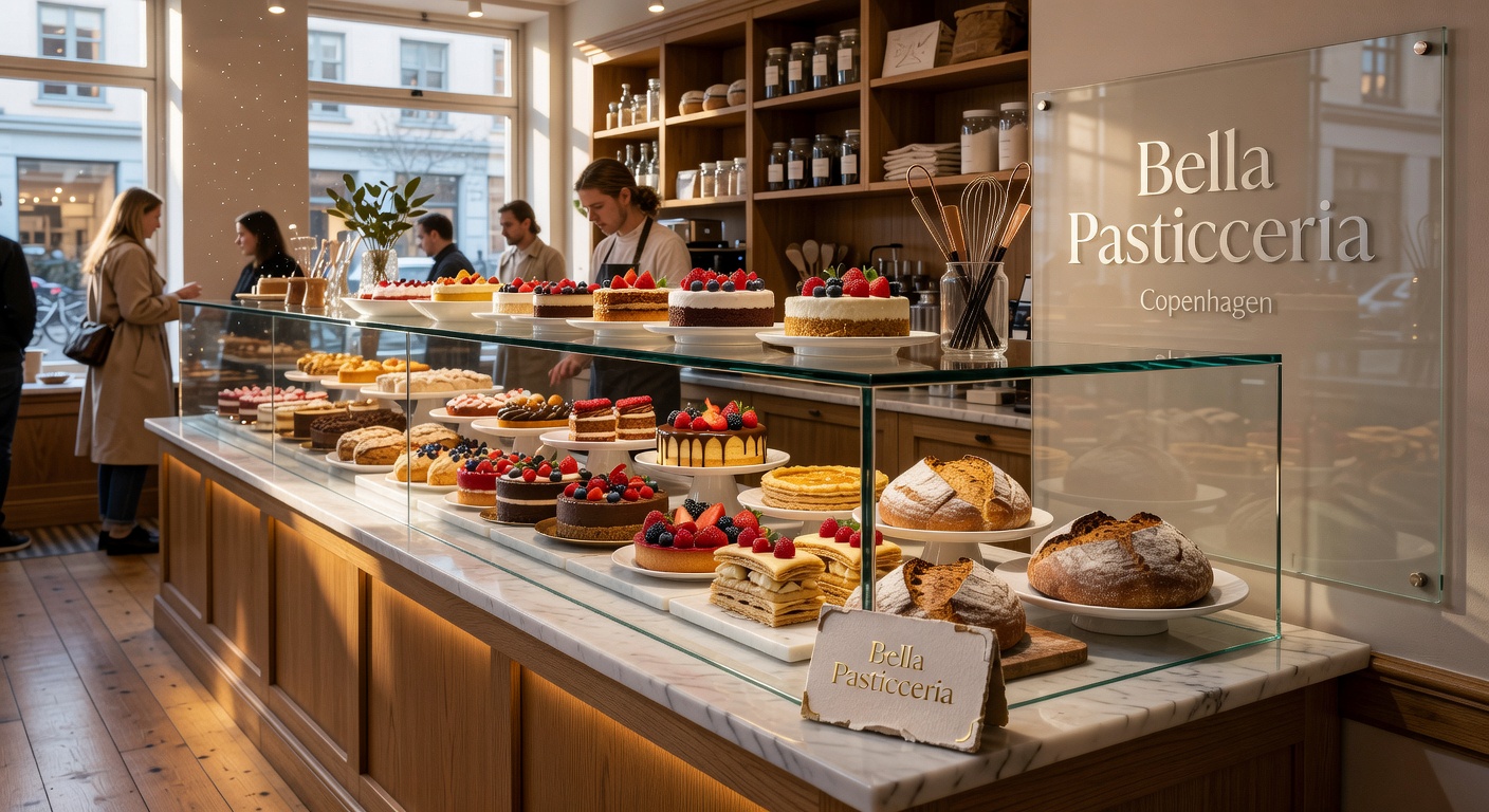 Artisan pastry boutique with display counter and cakes