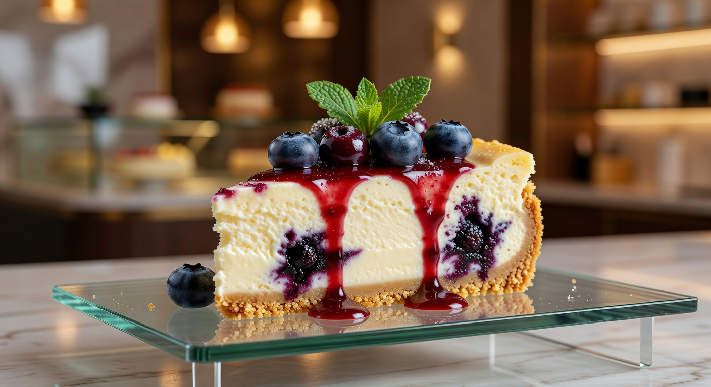 Blueberry cheesecake with berry coulis and mint garnish