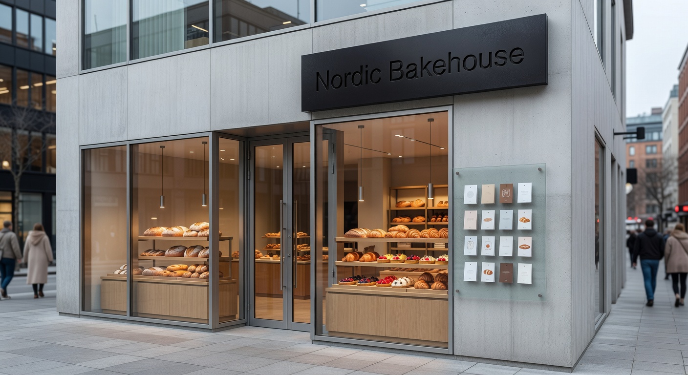 Chic bakery storefront in city center with large windows