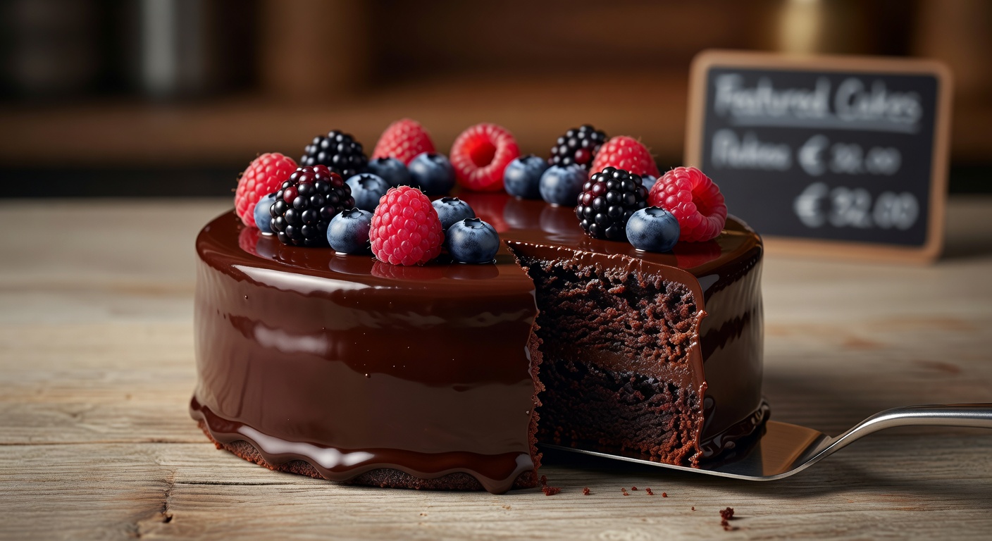 Chocolate ganache cake with glossy finish and berries