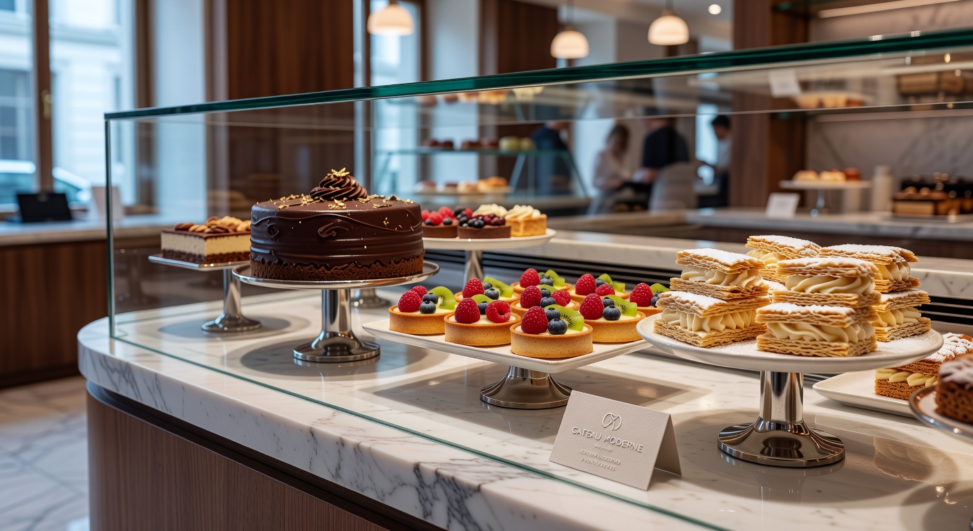 Dessert bakery counter with premium cakes and pastries