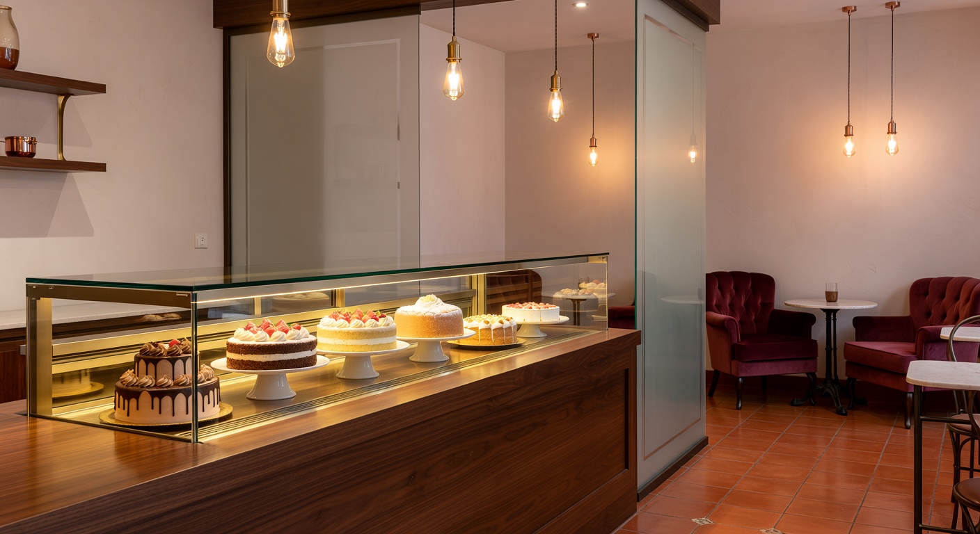 Elegant bakery interior with cake counter and warm lighting