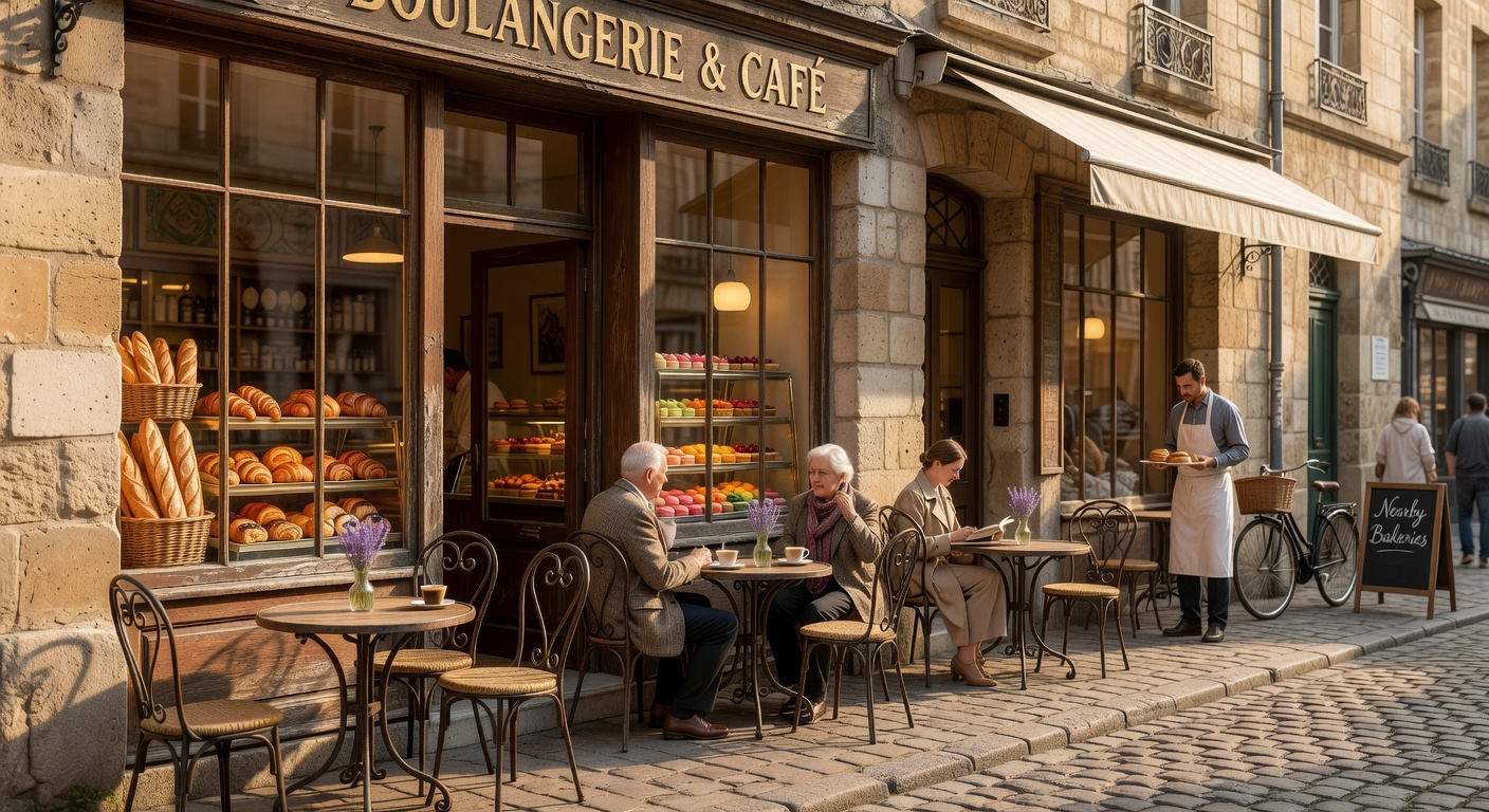 European bakery cafe exterior with outdoor seating