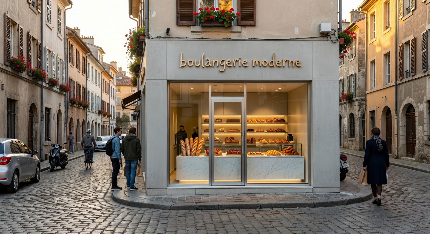 Modern bakery storefront in a European city street
