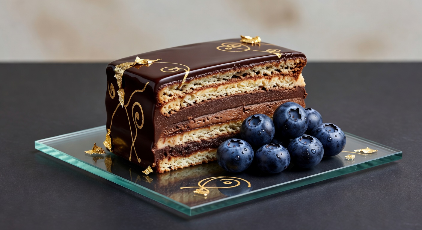 Opera cake layers with chocolate glaze and gold detail