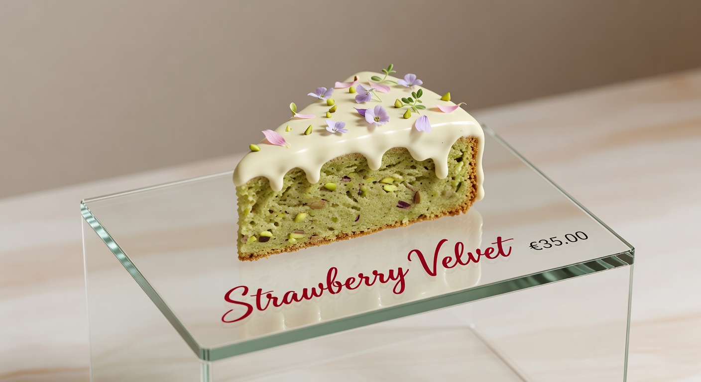 Pistachio cake slice with floral garnish and icing