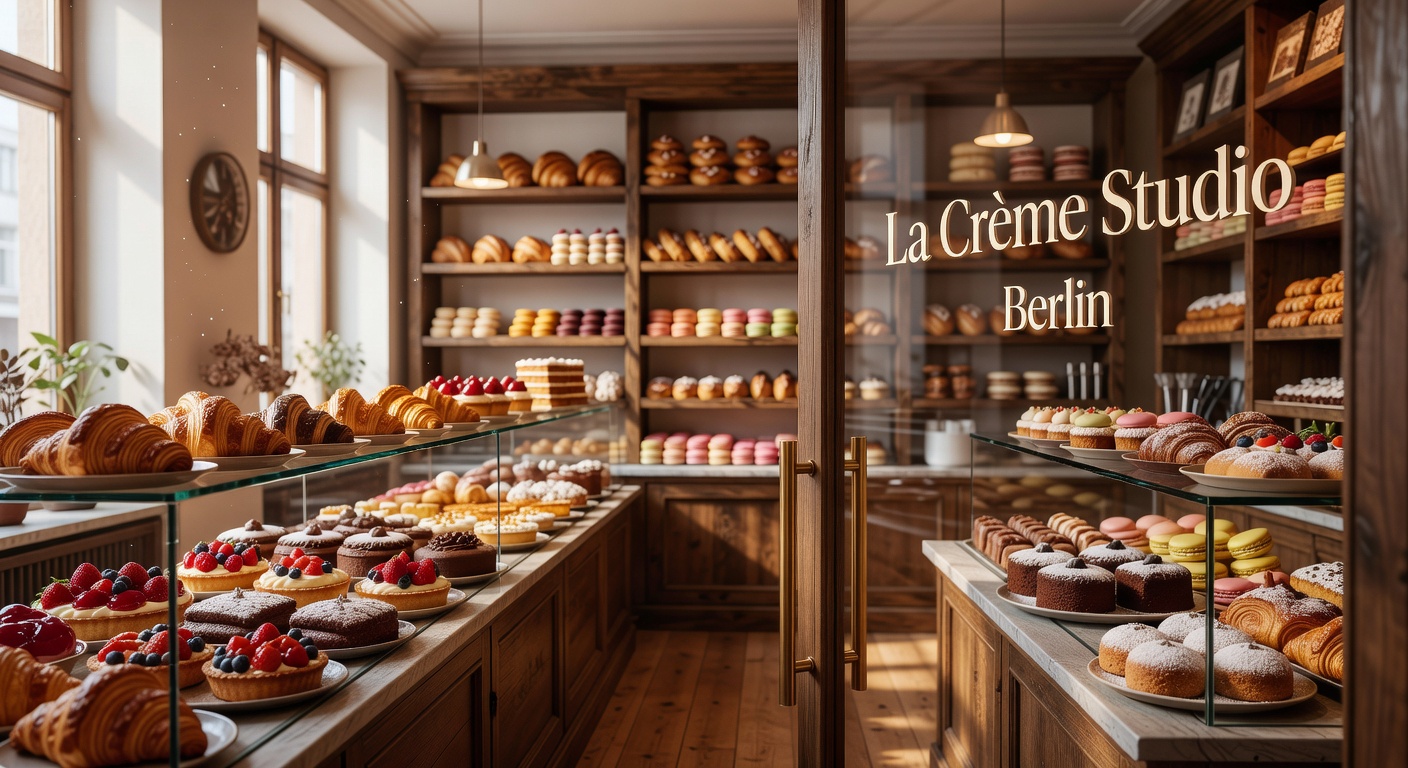 Warm interior bakery with shelves of pastries and cakes